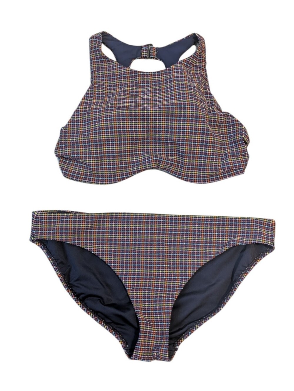 Athleta 2 Piece Bikini Swimsuit Seersucker Plaid L Large 34D/DD